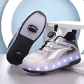 Kids LED roller shoes with double wheels and rotating buckle lace system, white and grey - 28 / Black and White