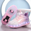 Pink and purple LED roller shoes for kids with dual retractable wheels and rotary buckle - 28 / Purple