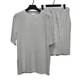 Premium white ribbed knit short sleeve t-shirt and matching shorts casual set for men - S / Top And Bottom / Light Gray