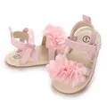 Primer plano de sandalias rosas para bebé con flores decorativas y cierres de velcro. - Rosa