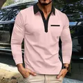 Roze herenpolo met lange mouwen, contrasterende zwarte kraag en detail van nepzak - Roze