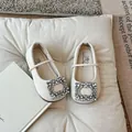 Elegante Franse ballerina's met vierkante neus en strass gesp voor meisjes in crème wit - Broken Wit