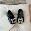 Franse stijl zwarte ballerina's met vierkante neus en stras-gesp - Zwart