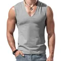 Grey men's V-neck sleeveless sports tank top with slim fit athletic cotton design - Light Gray