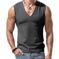 Men's athletic grey V-neck sleeveless cotton tank top for casual summer fitness wear - Dark Gray