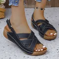 Classic black women's wedge sandals with criss-cross straps and white stitching design - 36 / Black