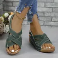 Women's summer dark green cross-strap wedge sandals with buckle and platform sole - 36 / Dark Green