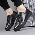 Men's premium black leather casual sneakers with thick soles and classic lace-up design - 38 / Black