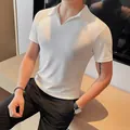 Slim fit men's white V-neck short sleeve Polo shirt with breathable knit texture. - White