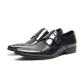 Men's black leather monk strap dress shoes with pointed toe for business formal wear. - 37 / Black