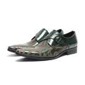 Men's pointed toe monk strap shoes in green polished leather with brown patterns. - 37 / Dark Green