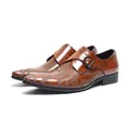 Elegant brown leather pointed-toe monk strap dress shoes featuring a unique decorative swirl pattern - 37 / Tan