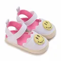 Simpatici sandali primi passi per neonati con suola morbida, smiley giallo e fodera rosa - Bianco