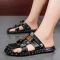 Stylish black leather men's casual sandals with MB logo and durable anti-slip sole - 38 / Rivet Hollow Dual-Use Style (9399) / Black