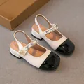 Elegantes sandalias bicolores para niñas con detalles de perlas y cadena, estilo princesa - 27 / Blanco