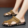 Men's brown leather sandals with non-slip black sole and casual strap design for summer - 38 / Style JP9397 / Khaki