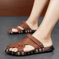 Modern brown leather men's summer sandals with comfortable non-slip rubber sole for beach - 38 / Style JP9397 / Brown