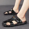Men's black casual leather sandals with dual-use heel strap for beach and outdoor wear - 38 / Closed-Toe Cut-Out Dual-Use Style (JP9398) / Black