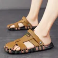 Brown leather men's sandals with anti-slip rubber sole and adjustable back strap - 38 / Closed-Toe Cut-Out Dual-Use Style (JP9398) / Khaki
