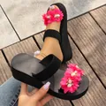 Women's stylish black platform wedge sandals with vibrant pink floral accents for summer - Rose Red