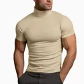 Macro detail of a beige slim fit short sleeve turtleneck t-shirt for men, summer style - Apricot