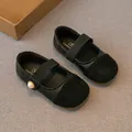 Elegant black toddler Mary Jane shoes with pearl accent and elastic strap for girls - Black