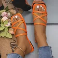 Vibrant orange square toe flat sandals with stylish crisscross straps for women. - 35 / Orange