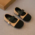 Stylish two-tone khaki and black girls' Mary Jane flats with pearl detail and elastic strap - Apricot