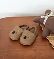 Detailed view of brown infant walking shoes featuring a cute koala face and elastic heel strap - Size 22 (14.5CM) / Khaki