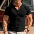 Detailed view of the black slim-fit ribbed Henley T-shirt showing fabric texture for men - S / Tops / Black