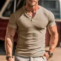 Detail view of men's slim fit heavy ribbed Henley short sleeve t-shirt in khaki color - S / Tops / Khaki