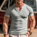 Men's grey slim fit ribbed Henley t-shirt detail showing texture and buttoned neck - Medium Grey