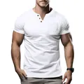 Slim fit men's white V-neck Henley T-shirt with chest pocket detail shown on model - M / Tops / White