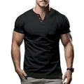 Detailed view of men's slim-fit black Henley T-shirt featuring chest pocket and buttons - M / Tops / Black