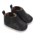 Detailed close-up of black faux leather high-top baby pre-walker shoes with soft soles - Inner Length 11cm / Black