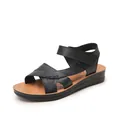 Classic black genuine leather flat sandals with adjustable strap for elderly women - 38 / Black
