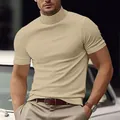 Men's slim fit mock neck short sleeve T-shirt in beige worn by a model in a casual setting - Apricot