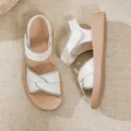 Comfortable white leather sandals for women with soft wedge sole and colorful rhinestones - 35 / Sandal Style (8707) / Beige