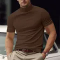 Detailed view of men's slim fit brown mock neck T-shirt in stylish lifestyle setting - Brown