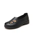 Elegant black leather flats with butterfly embroidery and hollow-out design for women. - 36 / Black