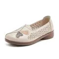 Comfortable beige leather hollow-out flat walking shoes for women with butterfly detail decoration - 36 / Beige