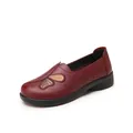 Burgundy leather flat mom shoes featuring butterfly embroidery and floral cut-outs - 36 / Burgundy