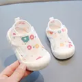 White breathable mesh baby toddler sandals with colorful flower prints and velcro straps - Inner Length 11.5cm (Size 14) / Pink Floral