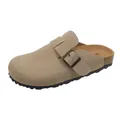 Detail view of khaki suede mule with adjustable bronze buckle and cork sole - Apricot