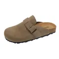 Comfortable brown suede clog slippers with adjustable buckle strap and cork sole design - Khaki