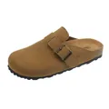 Classic brown suede buckle clogs with platform cork sole, comfortable slip-on mules - Camel