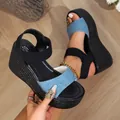 Elegant summer women's platform sandals with blue denim strap and black elastic ankle band - 34 / Denim Blue