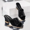 Elegant black block heel slippers for women with peep toe and faux snake skin texture - Black