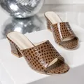 Stylish brown crocodile-textured block heel peep-toe mules for women summer fashion - Brown