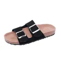 Sandales à deux boucles noires pour femmes avec semelle en liège sur fond blanc épuré - Noir